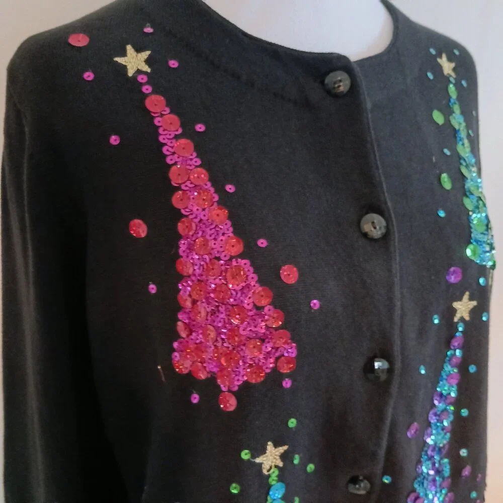Quaker Factory NWOT Black Christmas Cardigan W/ Multi Color Sequins, Size Med.
